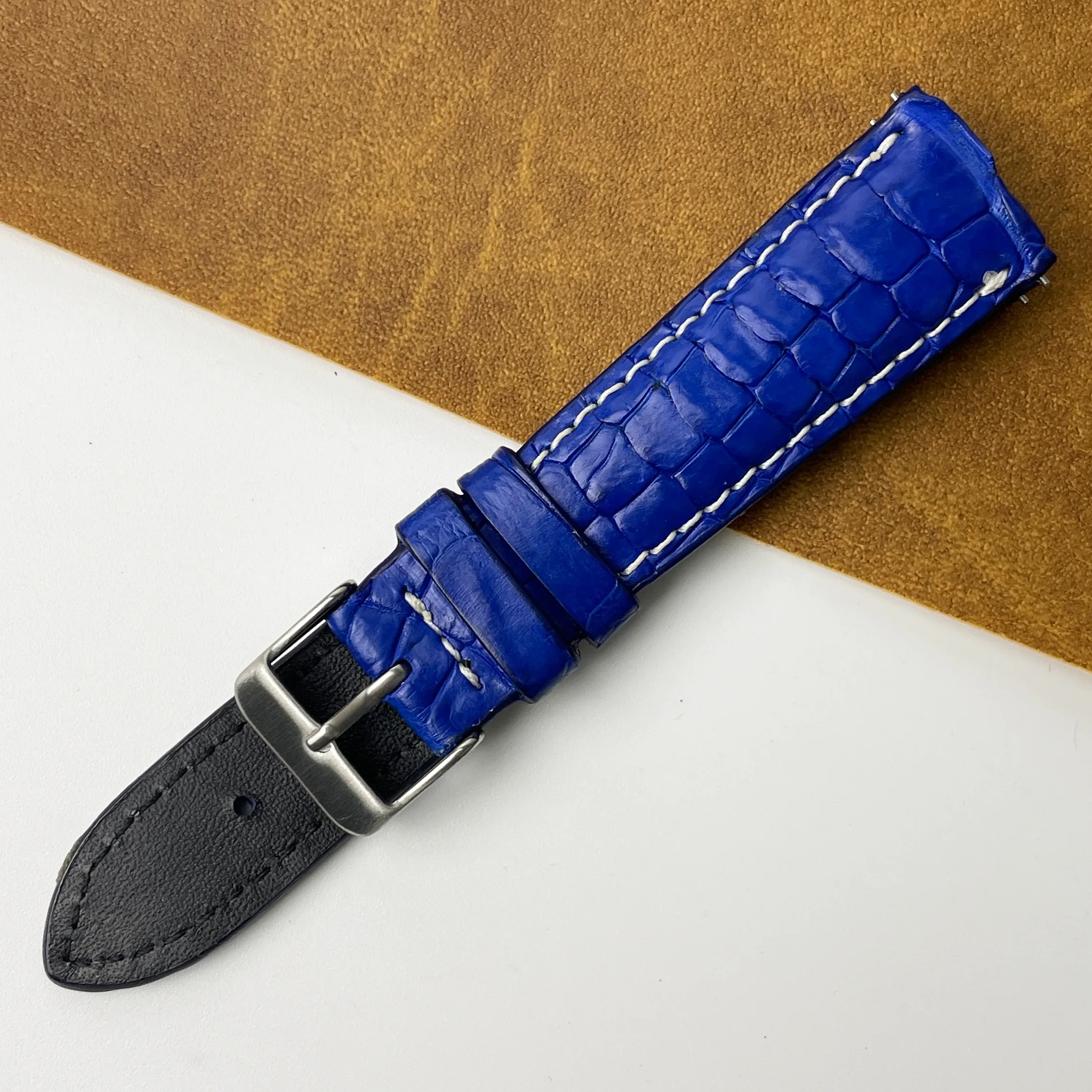 22mm Unique White Hand-stitching Blue Alligator Leather Watch Band For Men DH-159I