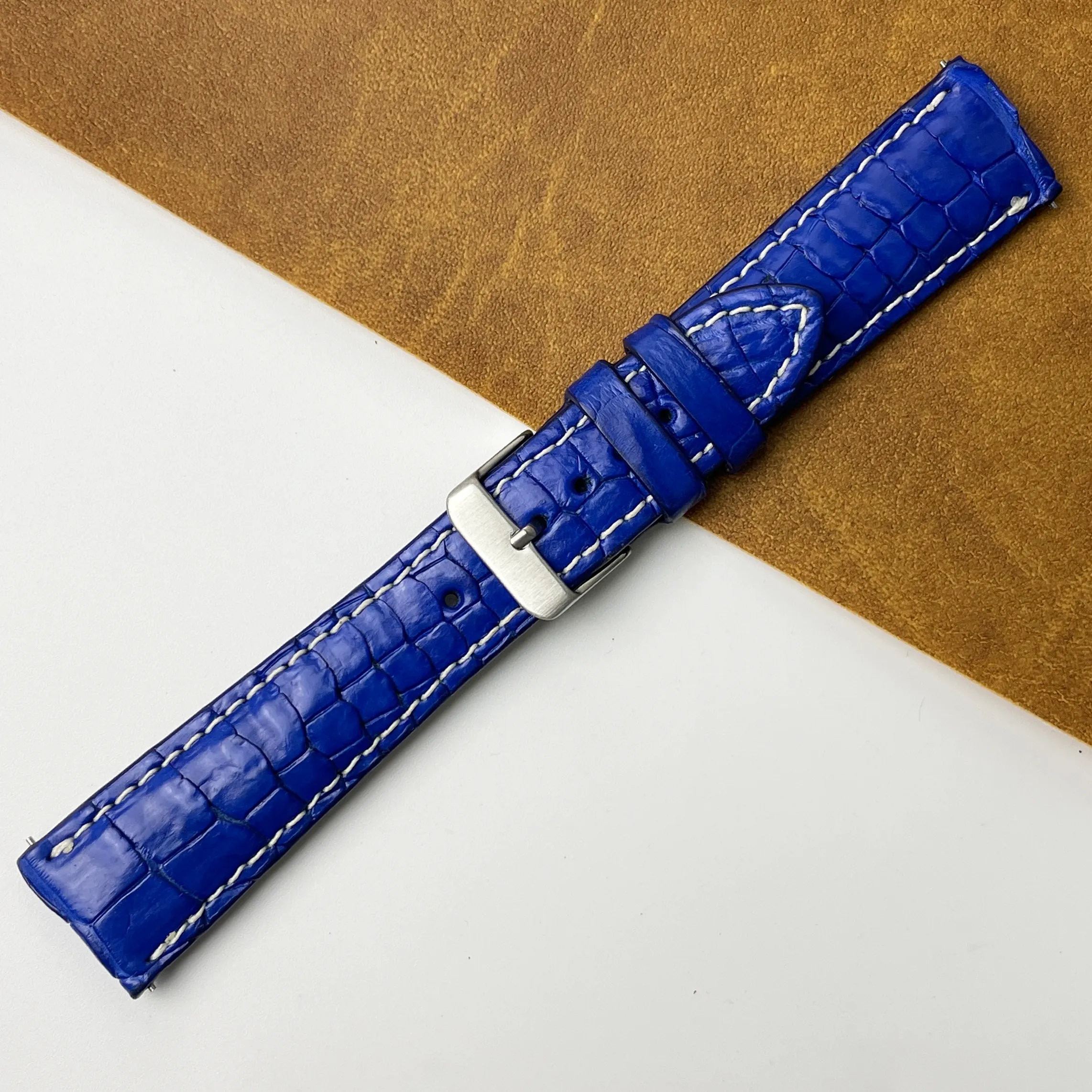 22mm Unique White Hand-stitching Blue Alligator Leather Watch Band For Men DH-159I