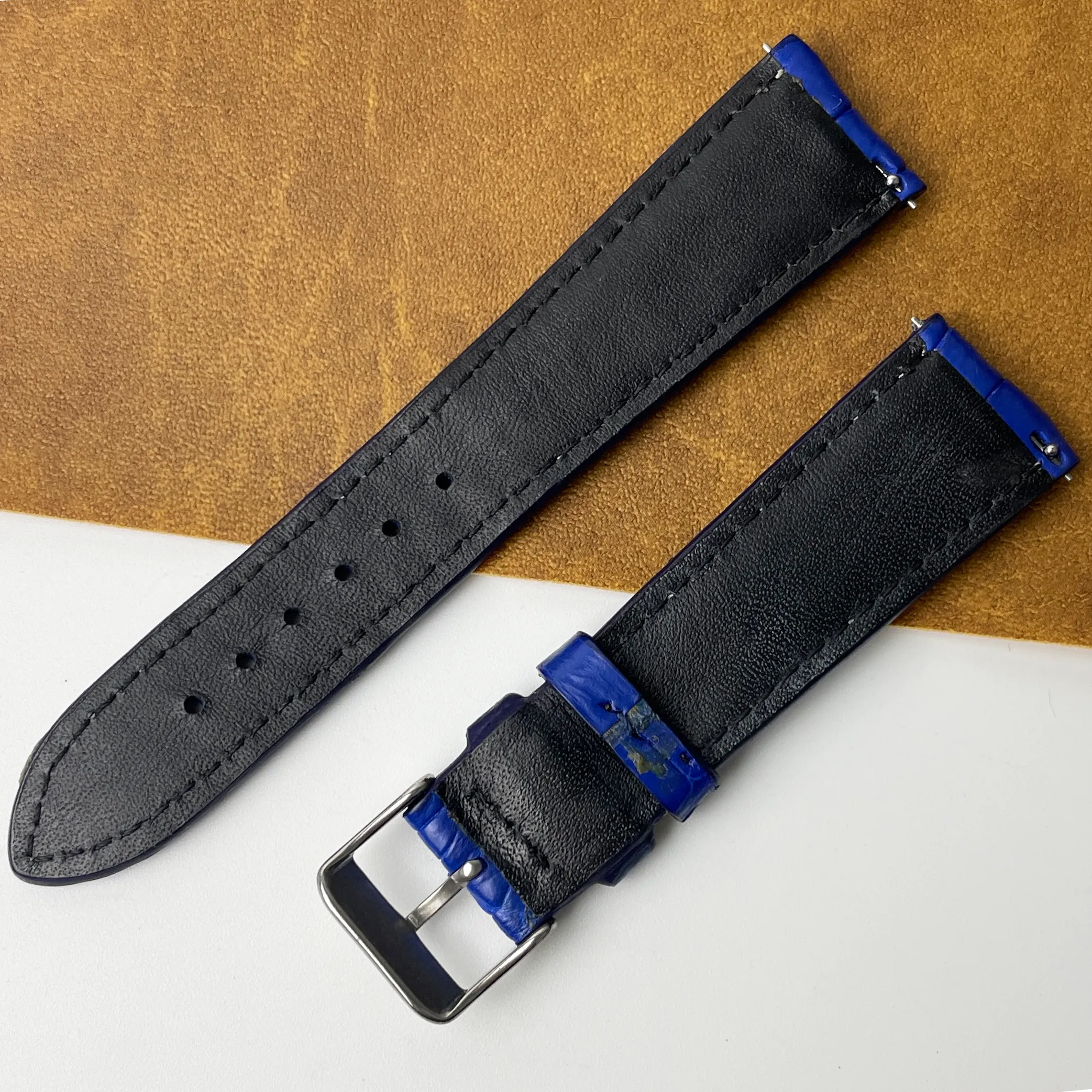 22mm Unique White Hand-stitching Blue Alligator Leather Watch Band For Men DH-159I