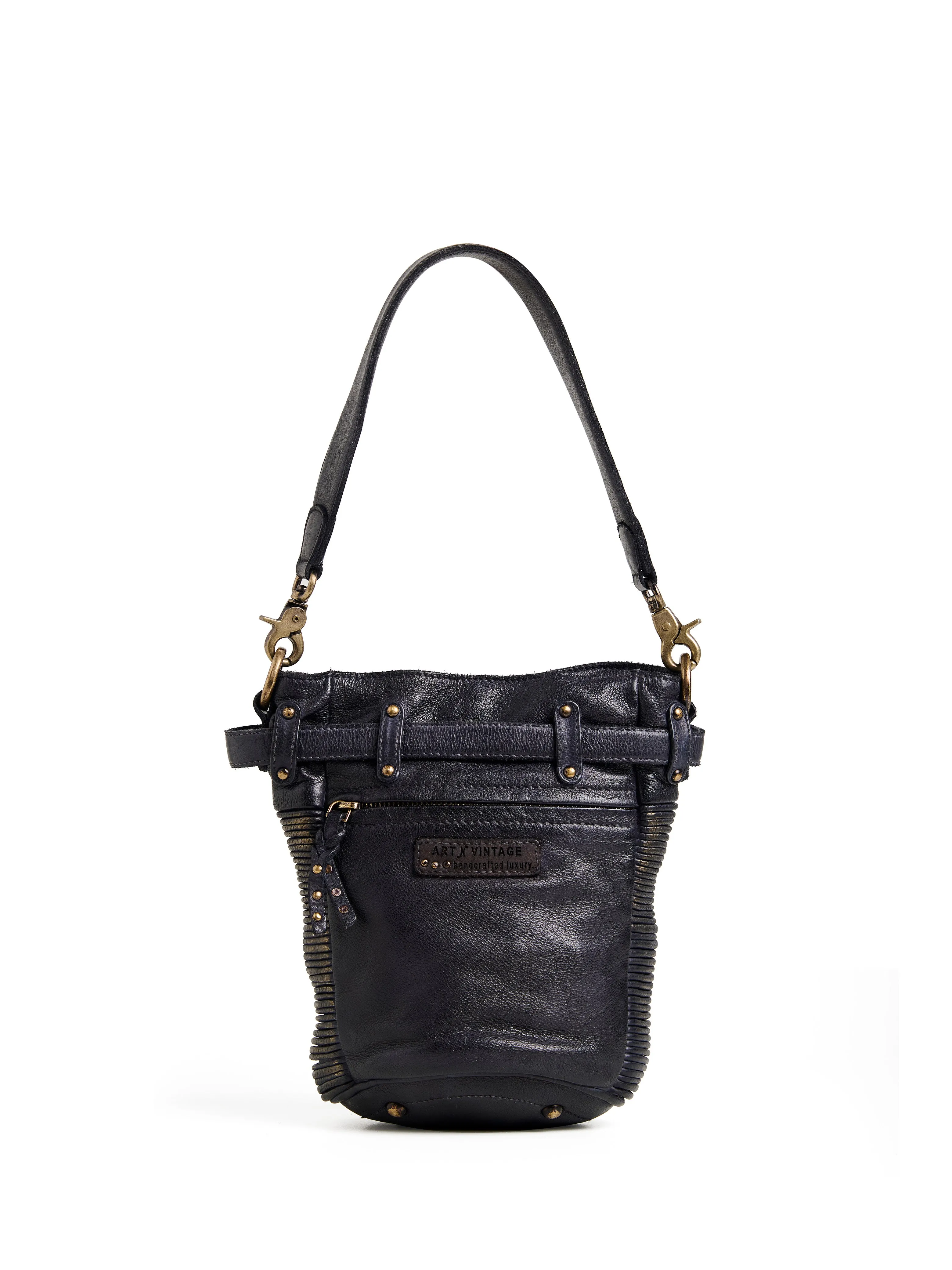 Art N Vintage Inspired Womens Textured Leather Bucket Bag Navy Blue