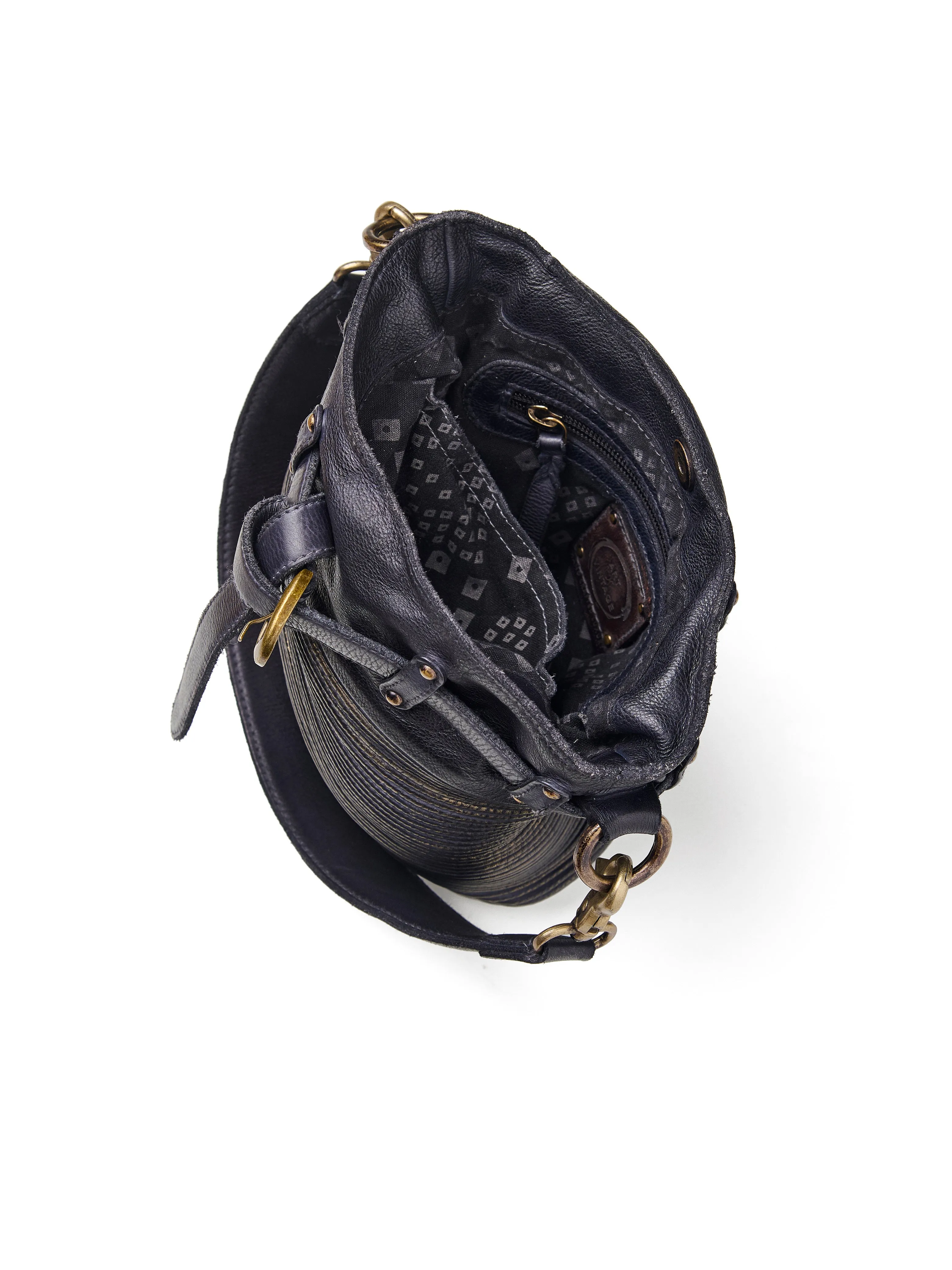 Art N Vintage Inspired Womens Textured Leather Bucket Bag Navy Blue