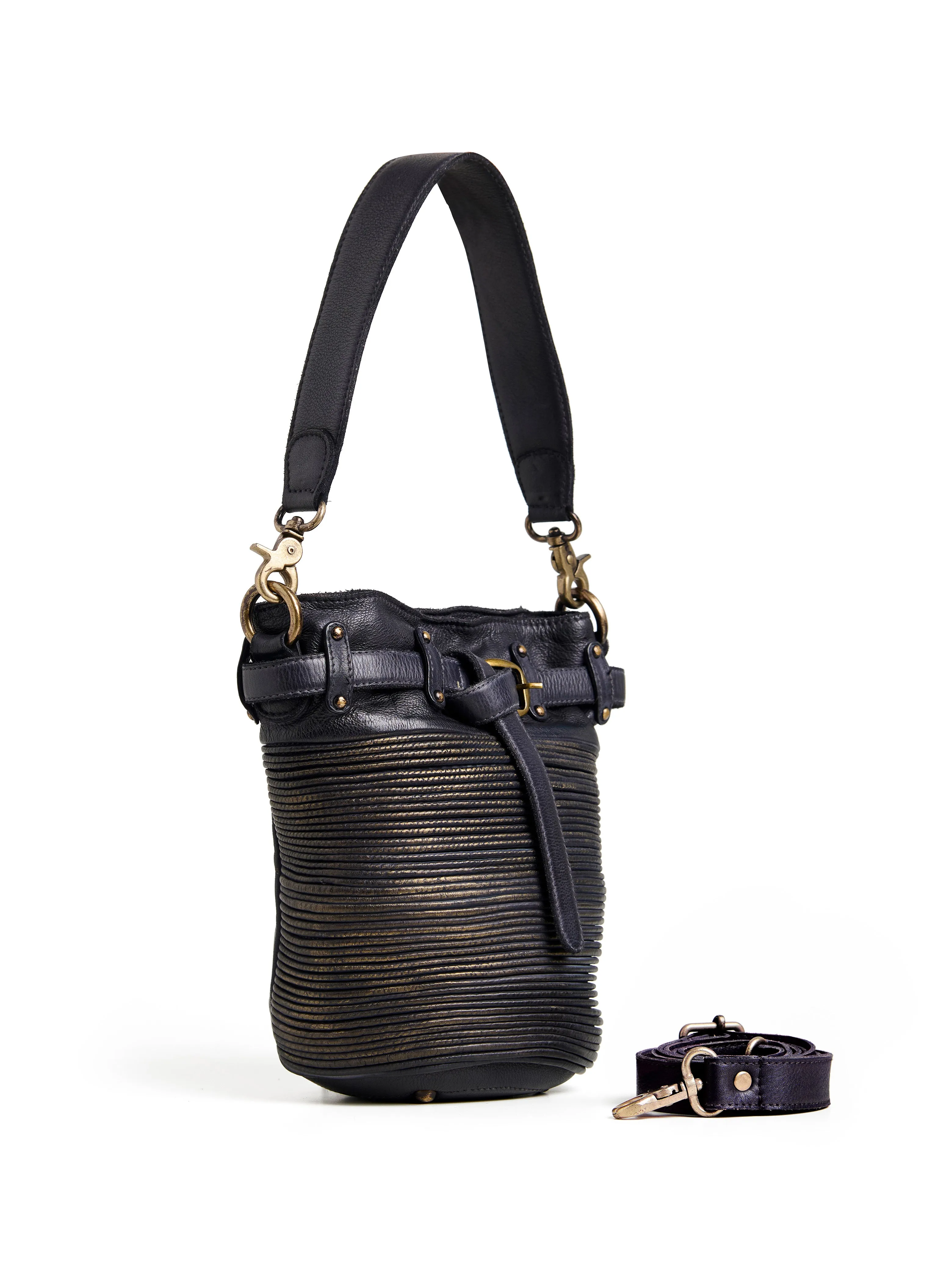 Art N Vintage Inspired Womens Textured Leather Bucket Bag Navy Blue