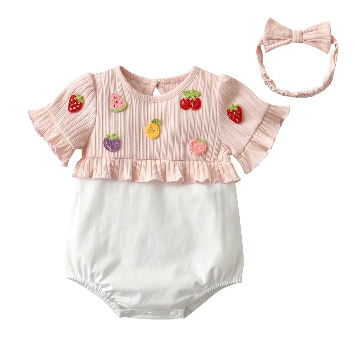 Baby Girl Fruits Design with Ruffle Sleeves Onesie and Headband Set