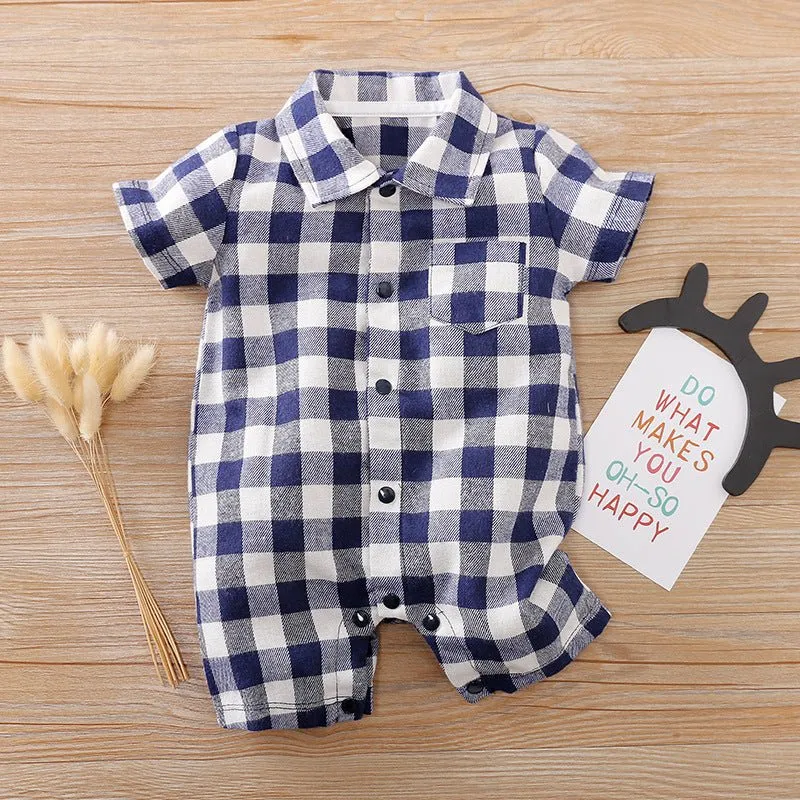 Baby Plaid Print   Lapel Collar Short/Long Sleeve Jumpsuit (4 Colors)