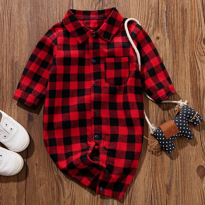 Baby Plaid Print   Lapel Collar Short/Long Sleeve Jumpsuit (4 Colors)