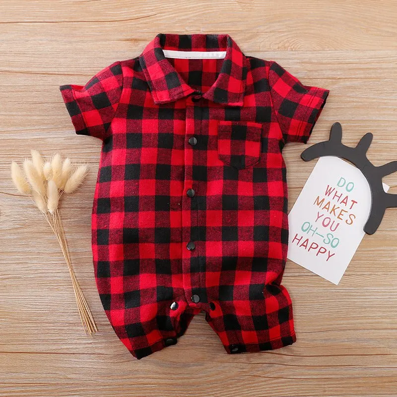Baby Plaid Print   Lapel Collar Short/Long Sleeve Jumpsuit (4 Colors)