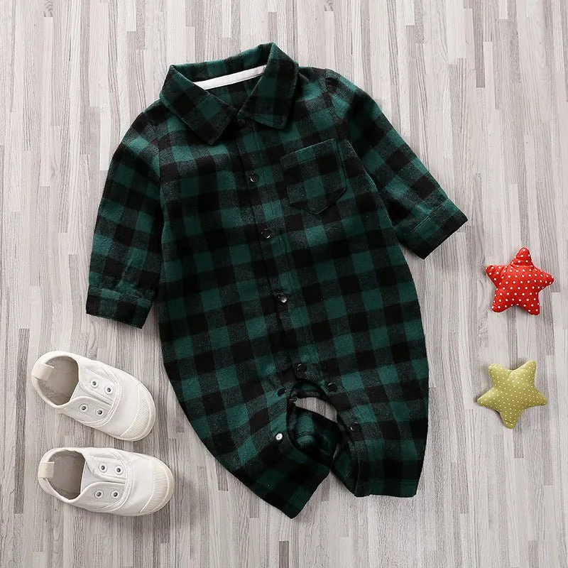 Baby Plaid Print   Lapel Collar Short/Long Sleeve Jumpsuit (4 Colors)
