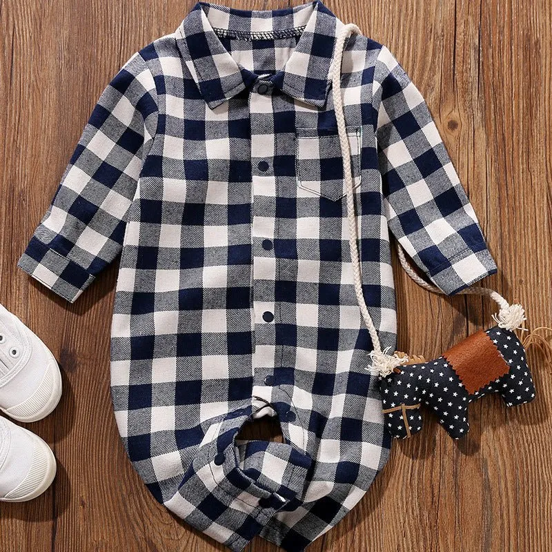 Baby Plaid Print   Lapel Collar Short/Long Sleeve Jumpsuit (4 Colors)