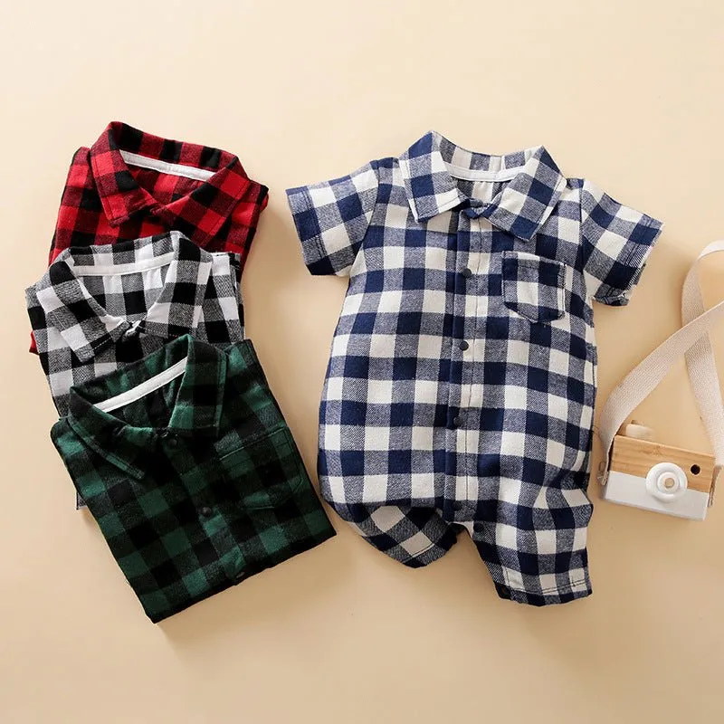 Baby Plaid Print   Lapel Collar Short/Long Sleeve Jumpsuit (4 Colors)