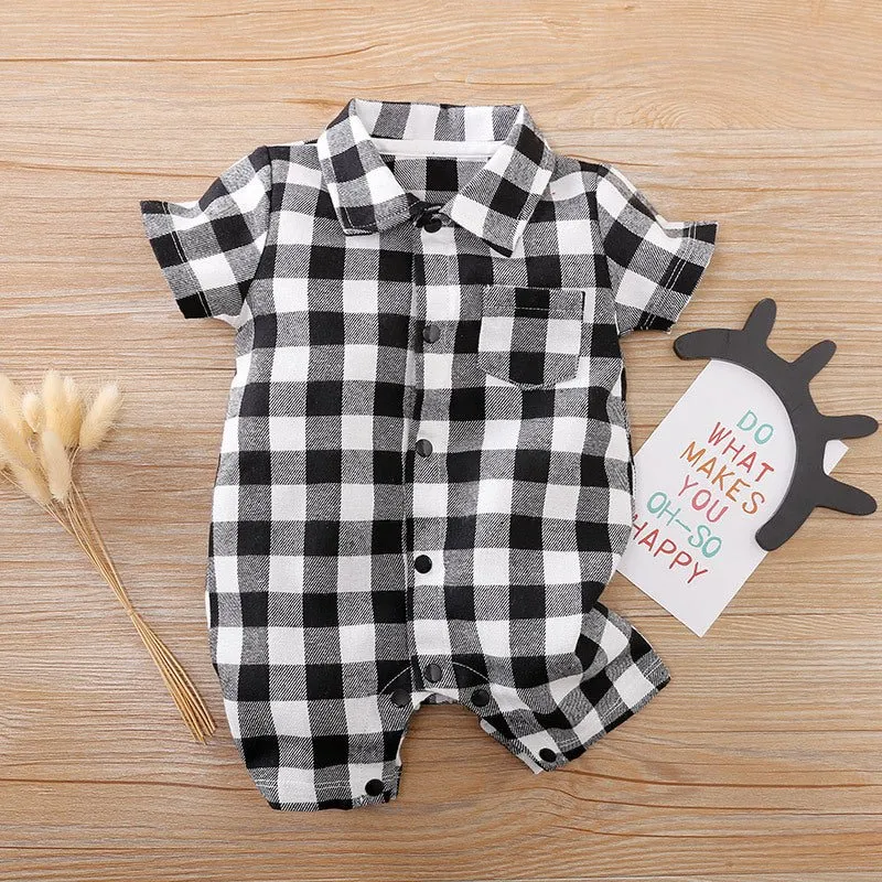 Baby Plaid Print   Lapel Collar Short/Long Sleeve Jumpsuit (4 Colors)