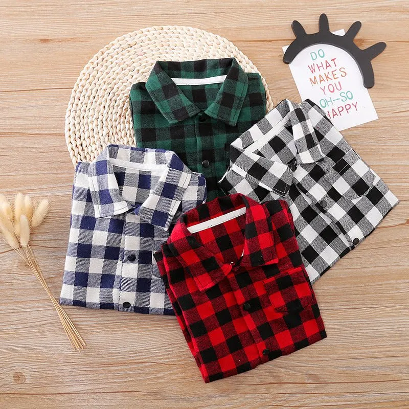 Baby Plaid Print   Lapel Collar Short/Long Sleeve Jumpsuit (4 Colors)