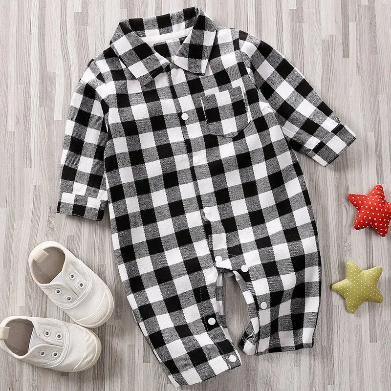 Baby Plaid Print   Lapel Collar Short/Long Sleeve Jumpsuit (4 Colors)
