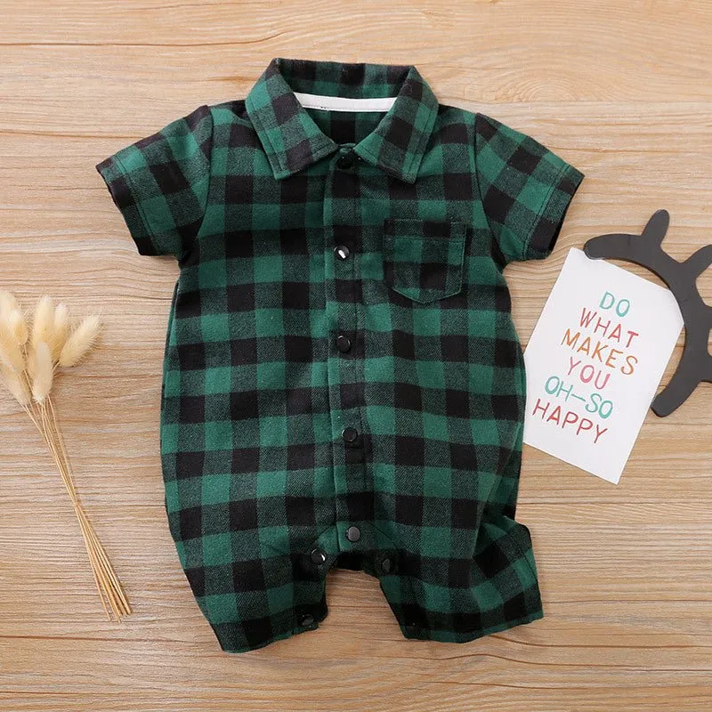 Baby Plaid Print   Lapel Collar Short/Long Sleeve Jumpsuit (4 Colors)