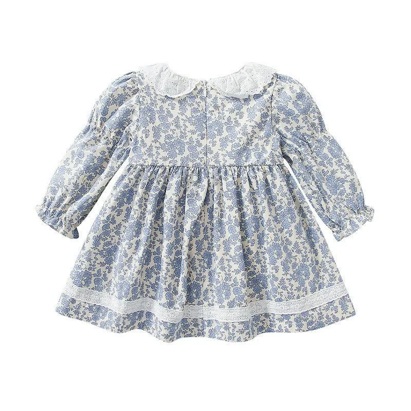 Baby/Toddler Girl Beautiful Blue Floral Lace Details Dress