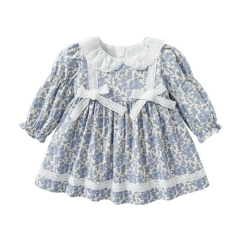Baby/Toddler Girl Beautiful Blue Floral Lace Details Dress