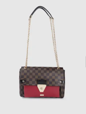 Berrylush Women Brown Checked Pattern PU Front Twist-Up Miniature Regular Sling Bag