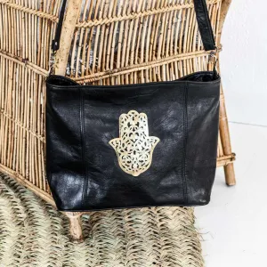 Black leather Tote bag with gold Fatima