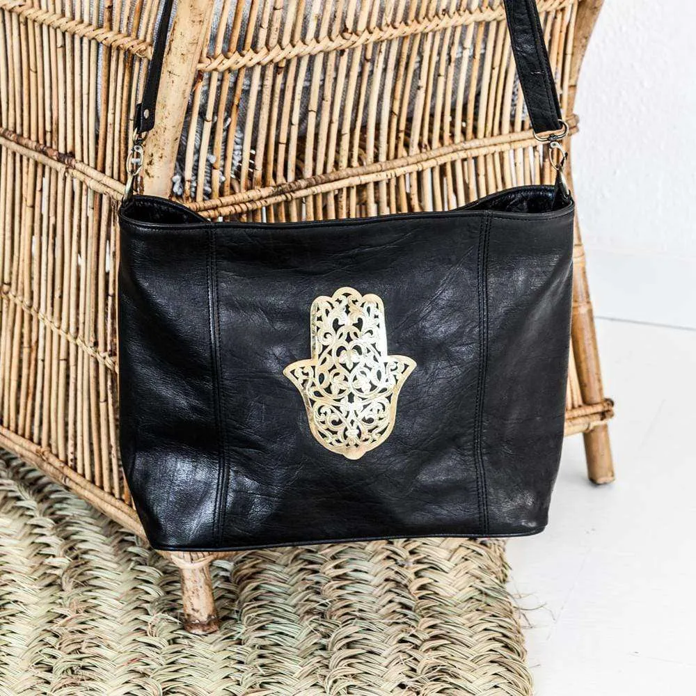 Black leather Tote bag with gold Fatima