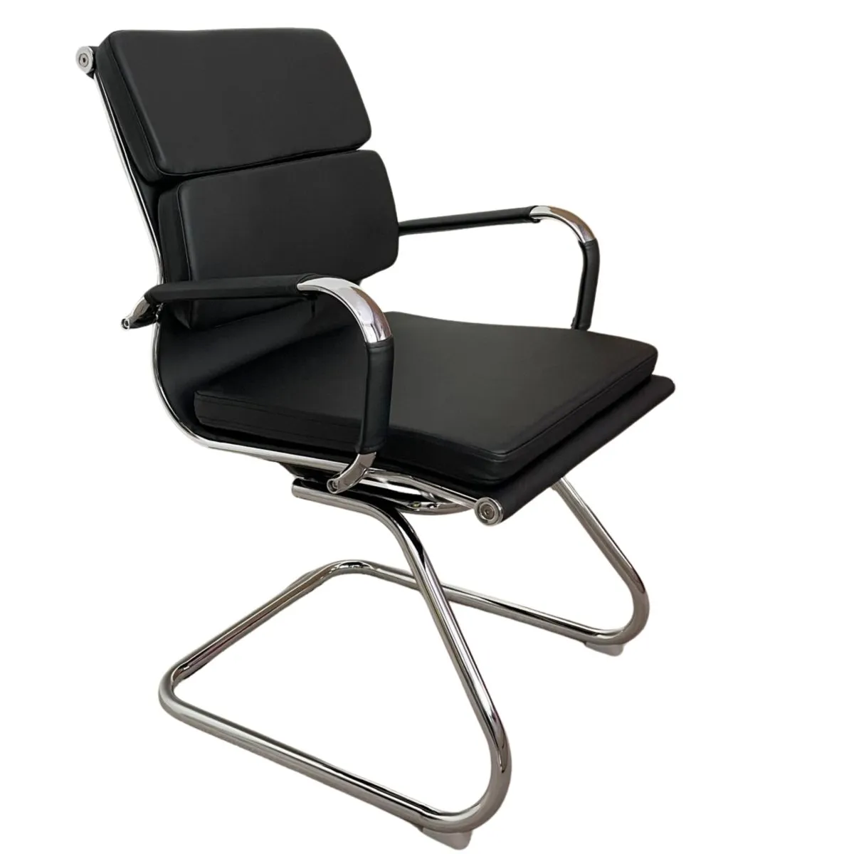 Black Modern Reception Guest Office Chair with Soft Padded PU Leather Seat and Cantilever Leg - Ergonomic Design for Office Visitors in Waiting Rooms or Conference & Meeting Rooms