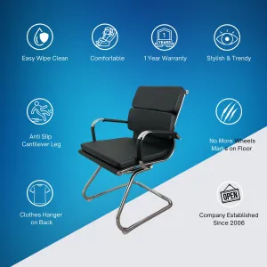 Black Modern Reception Guest Office Chair with Soft Padded PU Leather Seat and Cantilever Leg - Ergonomic Design for Office Visitors in Waiting Rooms or Conference & Meeting Rooms