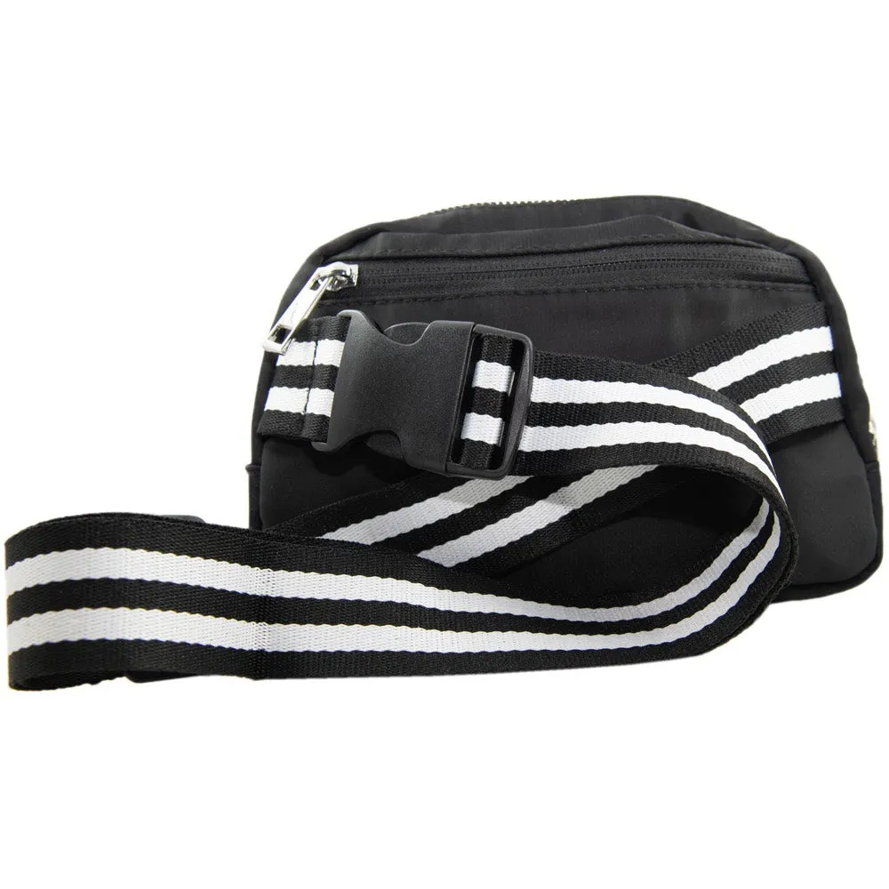 Black Solid Wholesale Belt Bag with Striped Strap