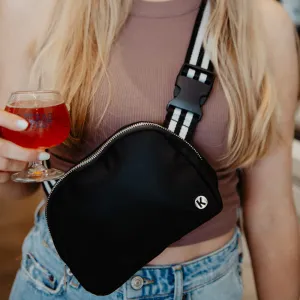 Black Solid Wholesale Belt Bag with Striped Strap