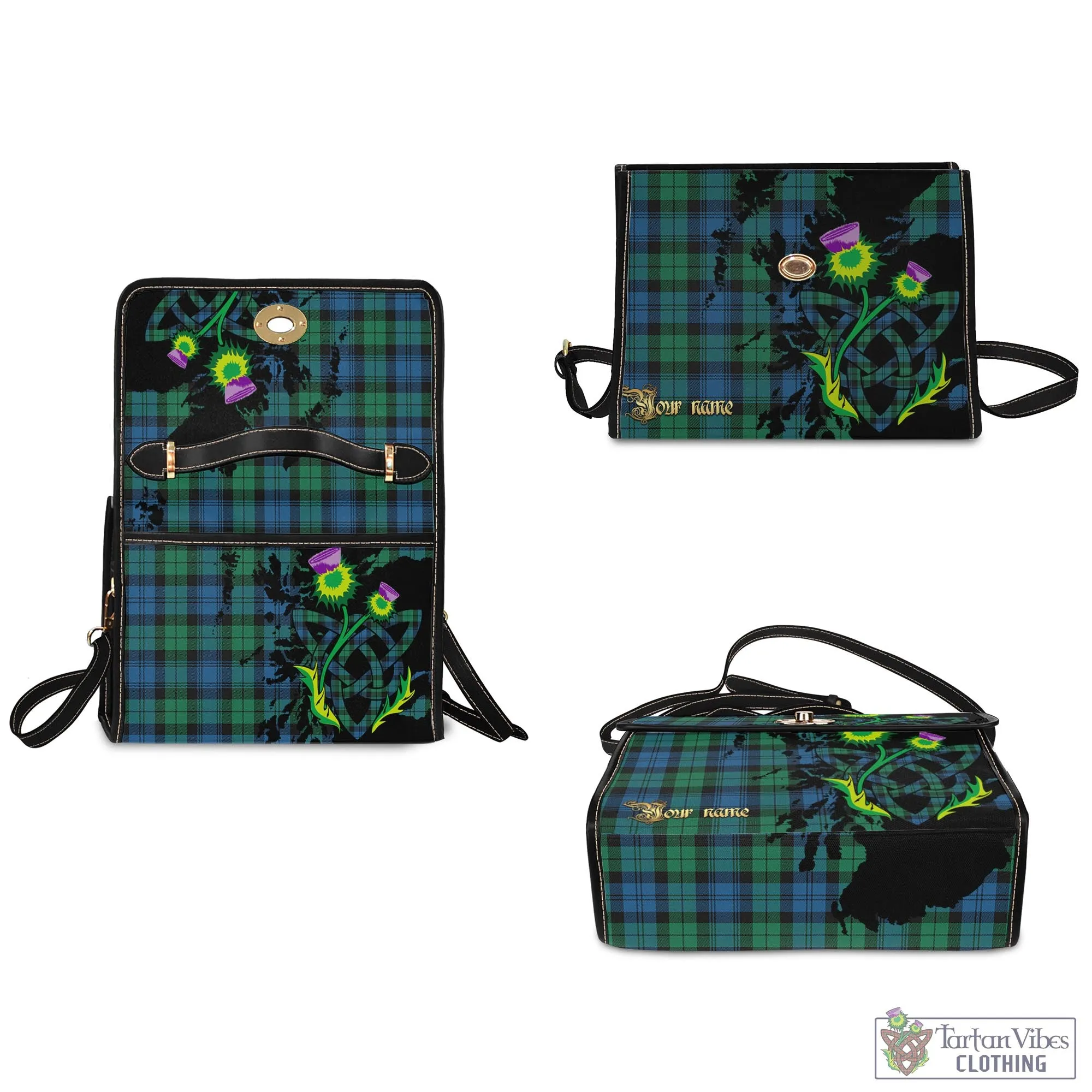Black Watch Ancient Tartan Waterproof Canvas Bag with Scotland Map and Thistle Celtic Accents