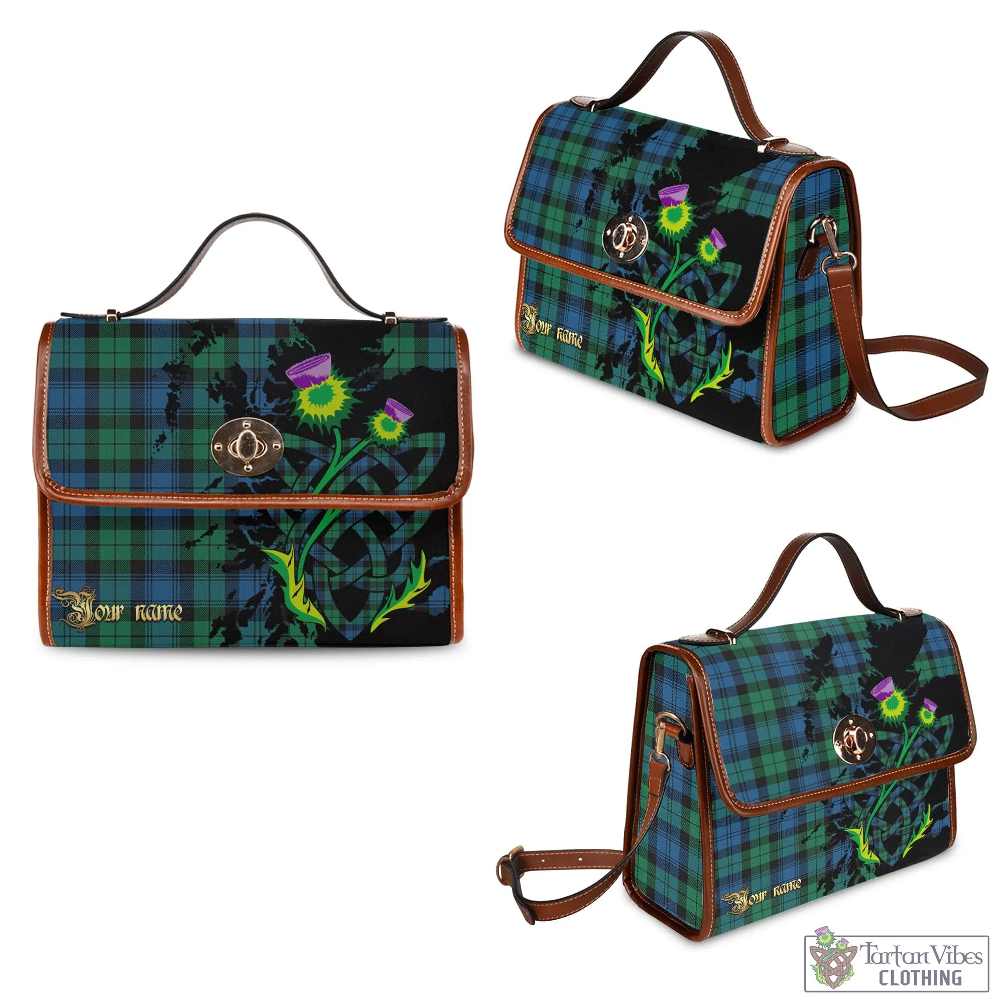 Black Watch Ancient Tartan Waterproof Canvas Bag with Scotland Map and Thistle Celtic Accents