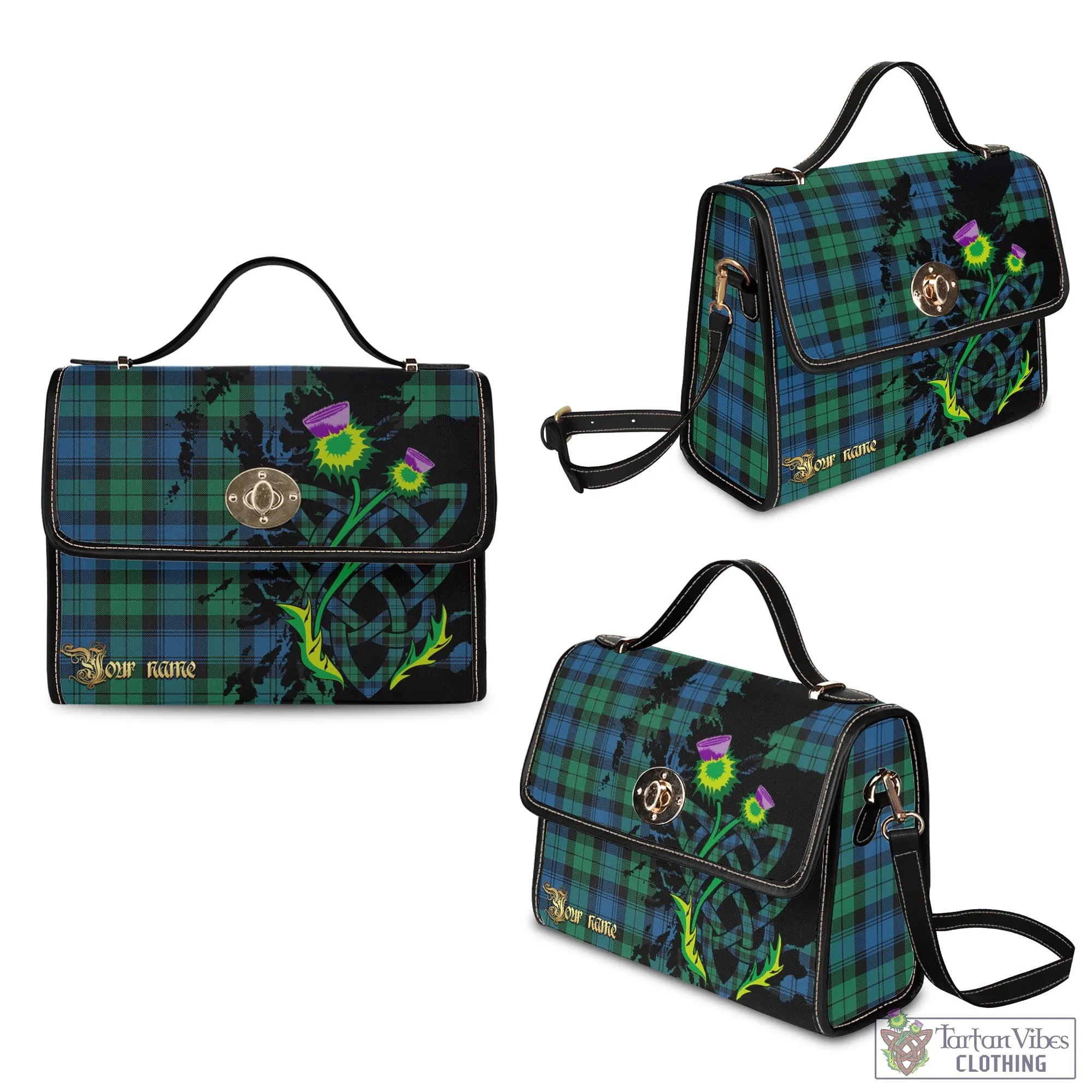 Black Watch Ancient Tartan Waterproof Canvas Bag with Scotland Map and Thistle Celtic Accents