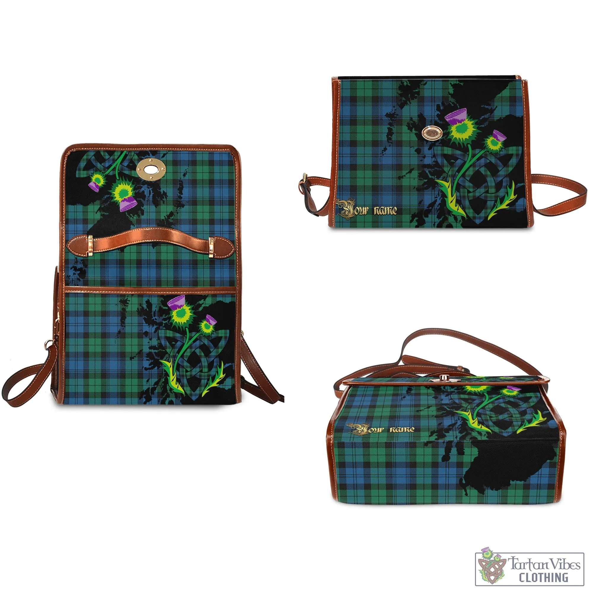 Black Watch Ancient Tartan Waterproof Canvas Bag with Scotland Map and Thistle Celtic Accents