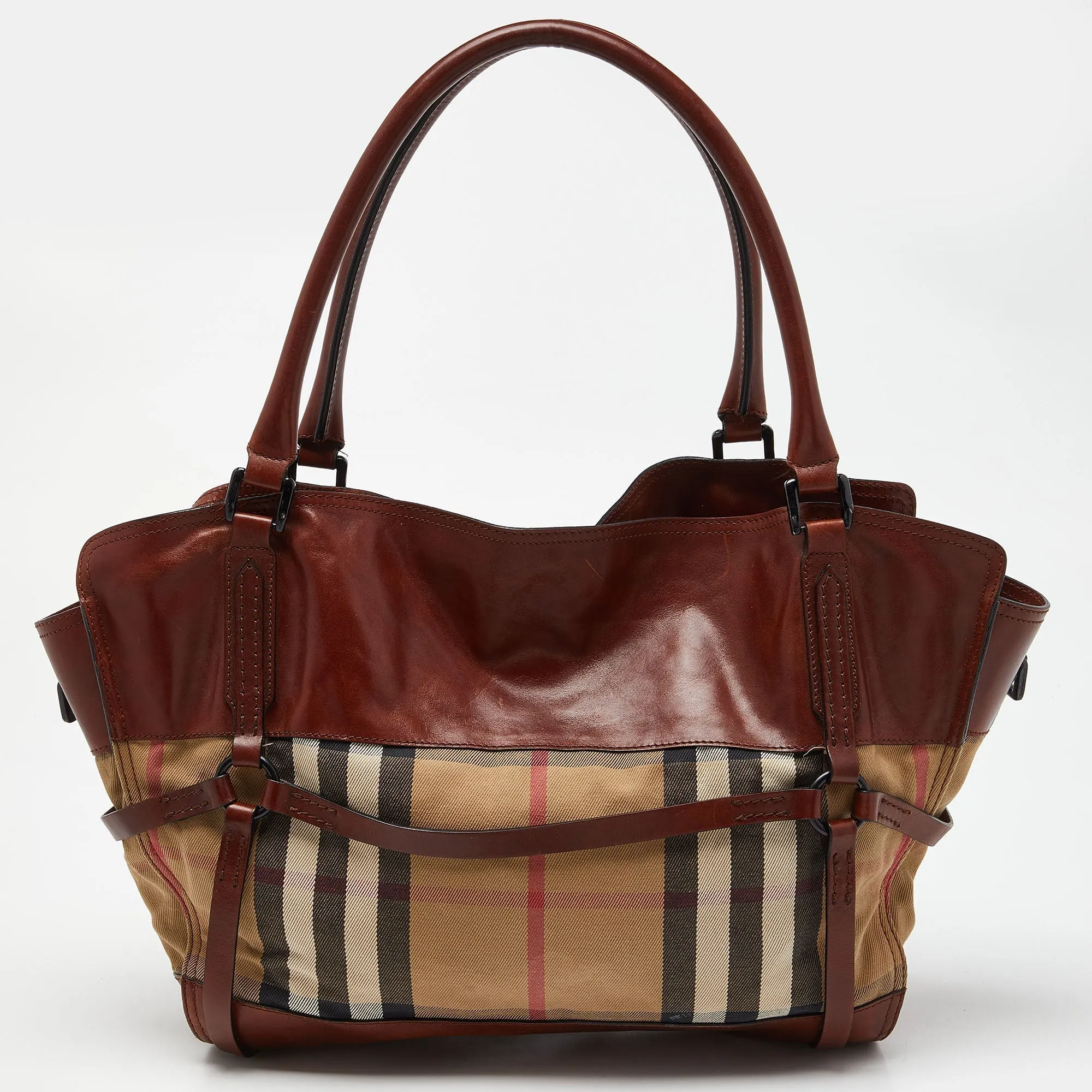 BURBERRY Brown/Beige House Check Canvas and Leather Belted Tote