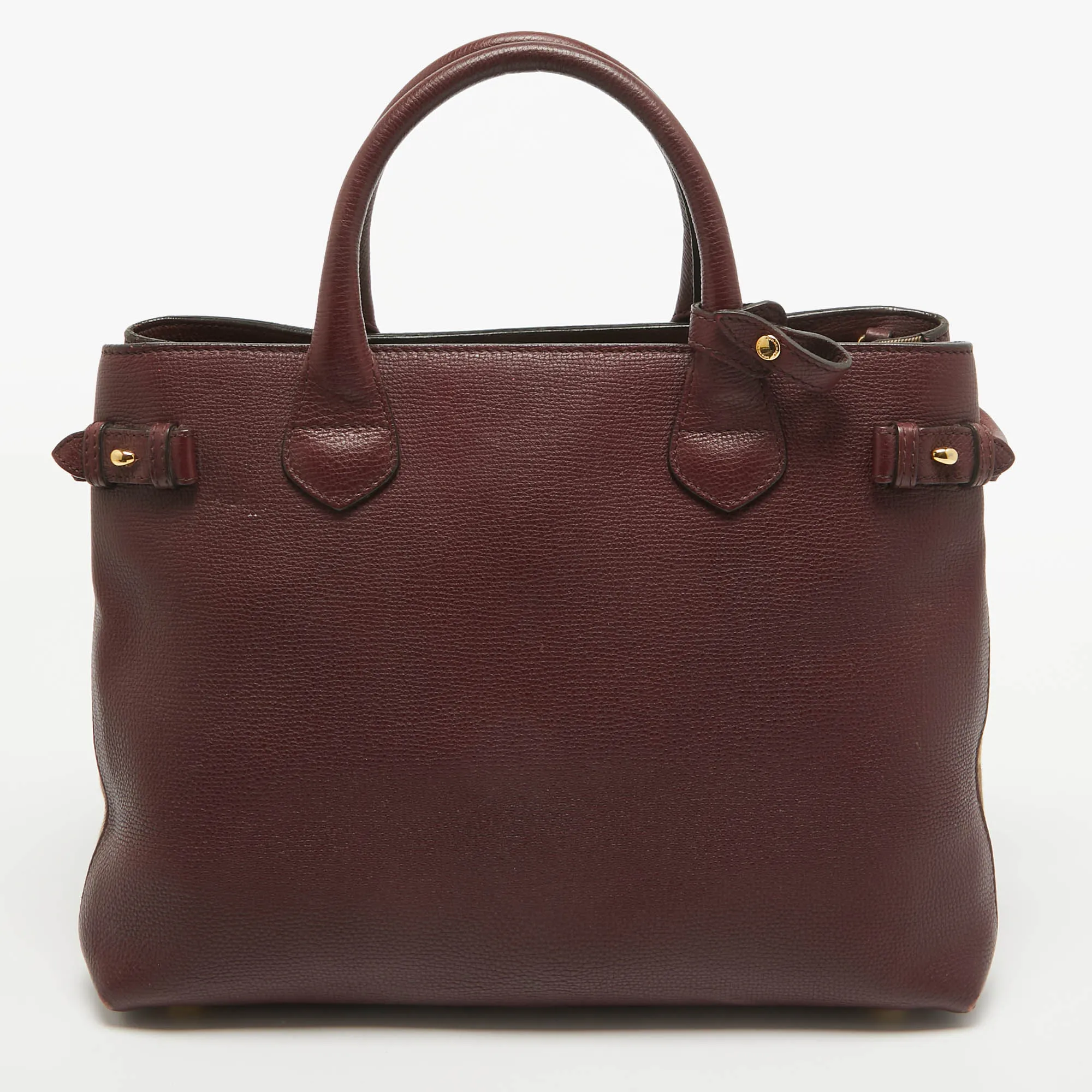 BURBERRY Burgundy/Beige Leather and House Check Fabric Medium Banner Tote