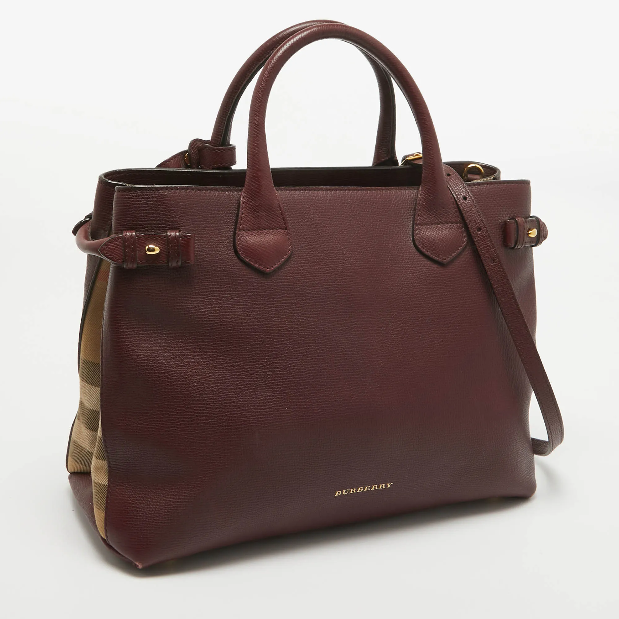 BURBERRY Burgundy/Beige Leather and House Check Fabric Medium Banner Tote