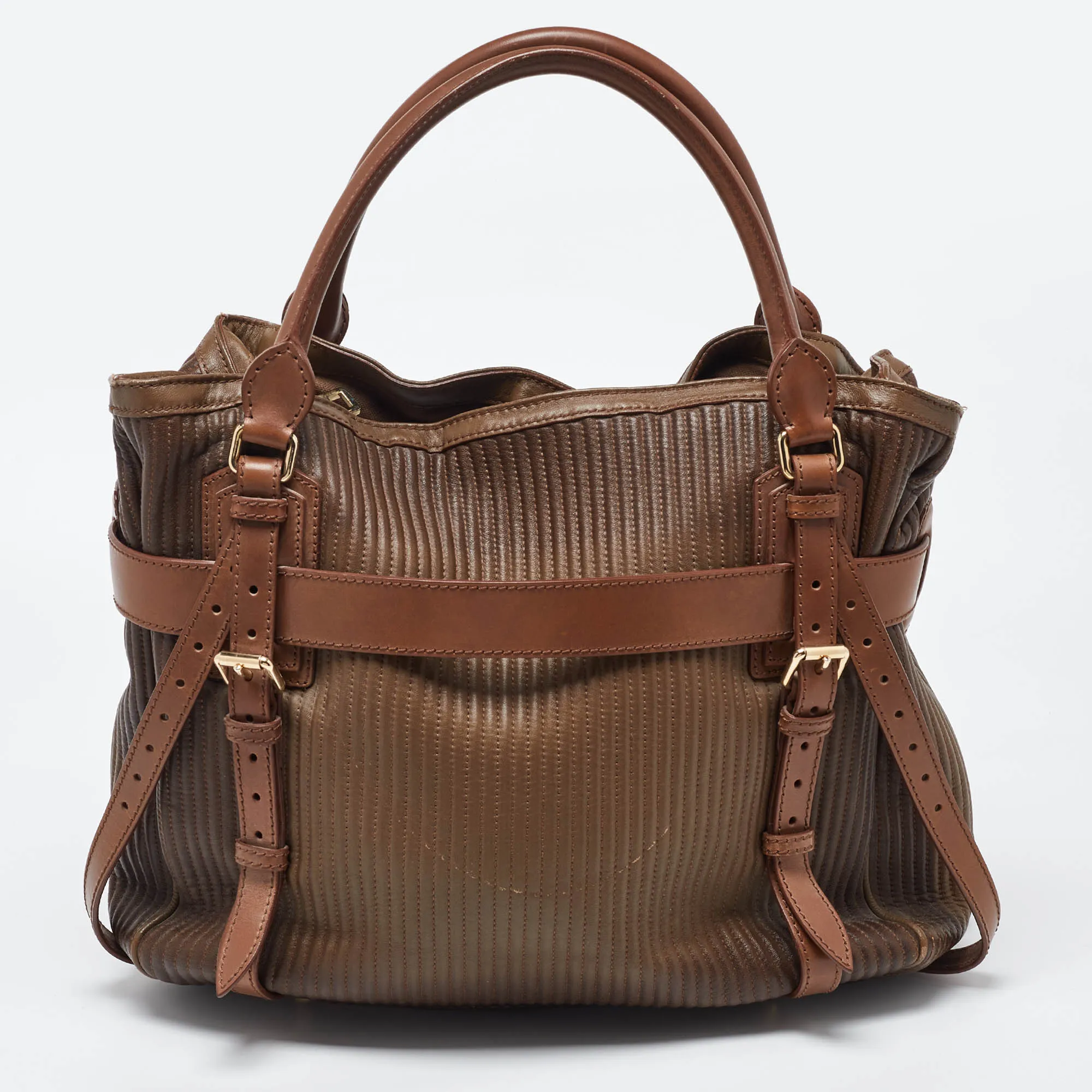 BURBERRY Two Tone Brown Leather Stitched Bridle Tote