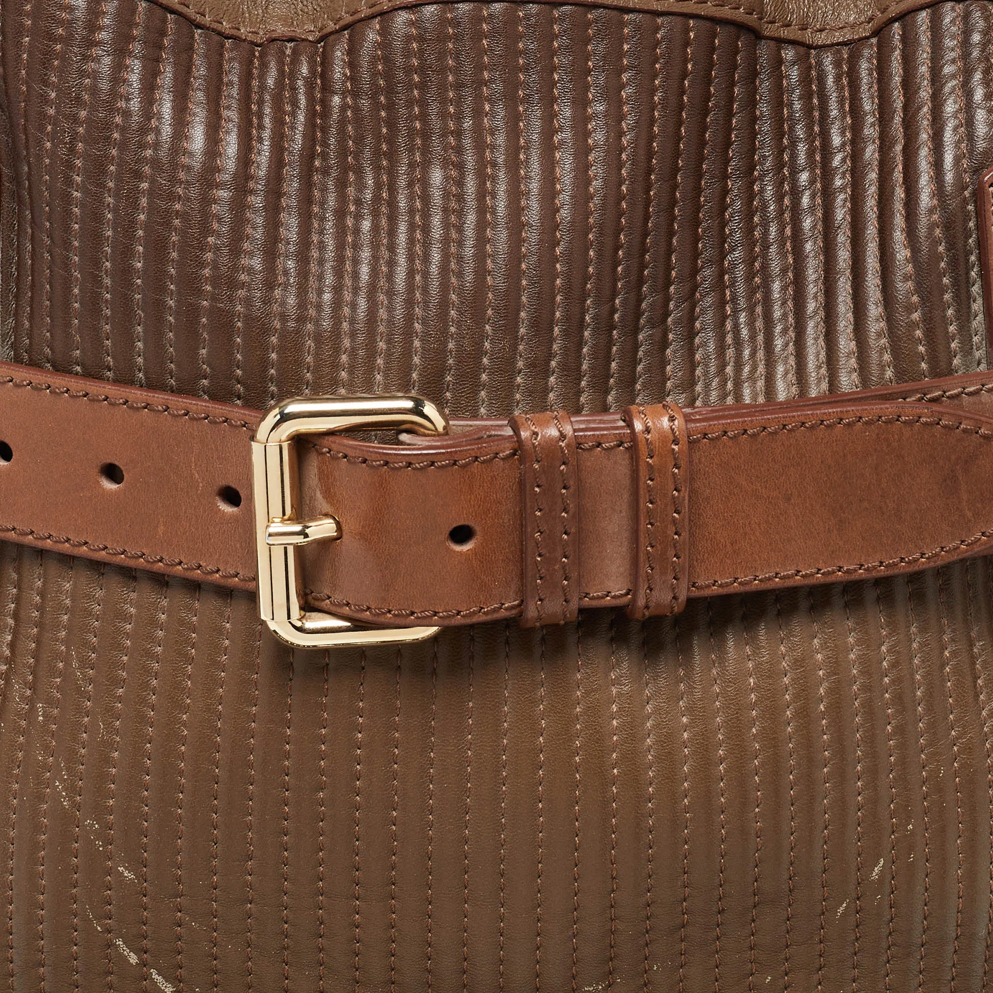 BURBERRY Two Tone Brown Leather Stitched Bridle Tote