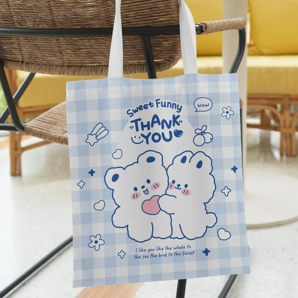 Canvas Women's Tote Bag with Cute Bear & Bunny Cartoon Bag