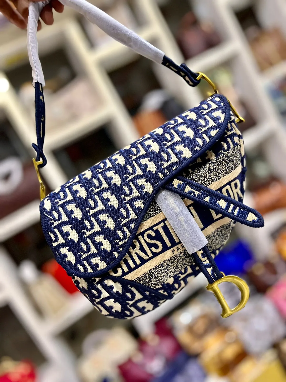 Dior-Inspired Fabric Saddle Women Bag with Brand Accessories (Blue)