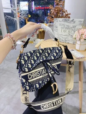 Dior-Inspired Fabric Saddle Women Bag with Brand Accessories (Blue)
