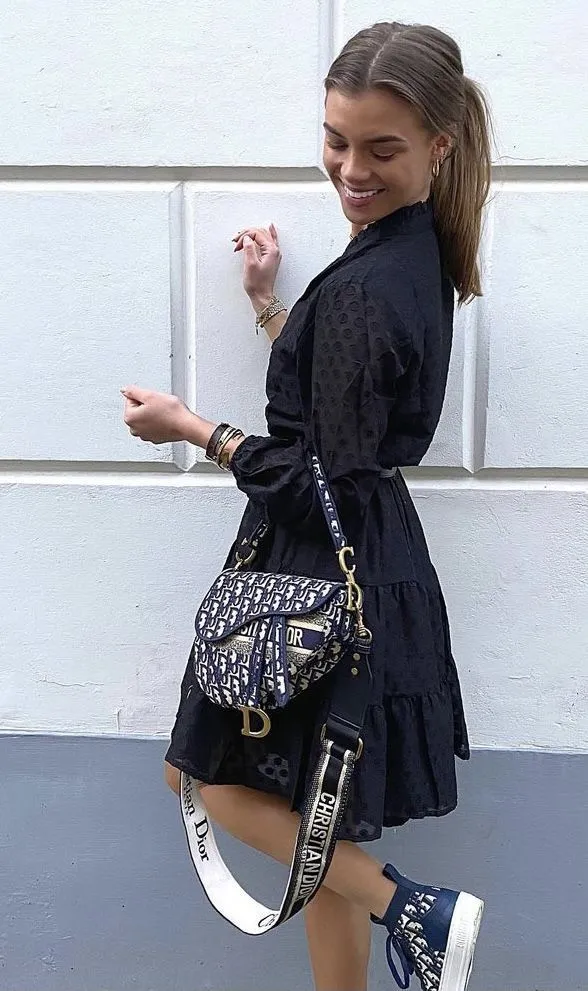 Dior-Inspired Fabric Saddle Women Bag with Brand Accessories (Blue)