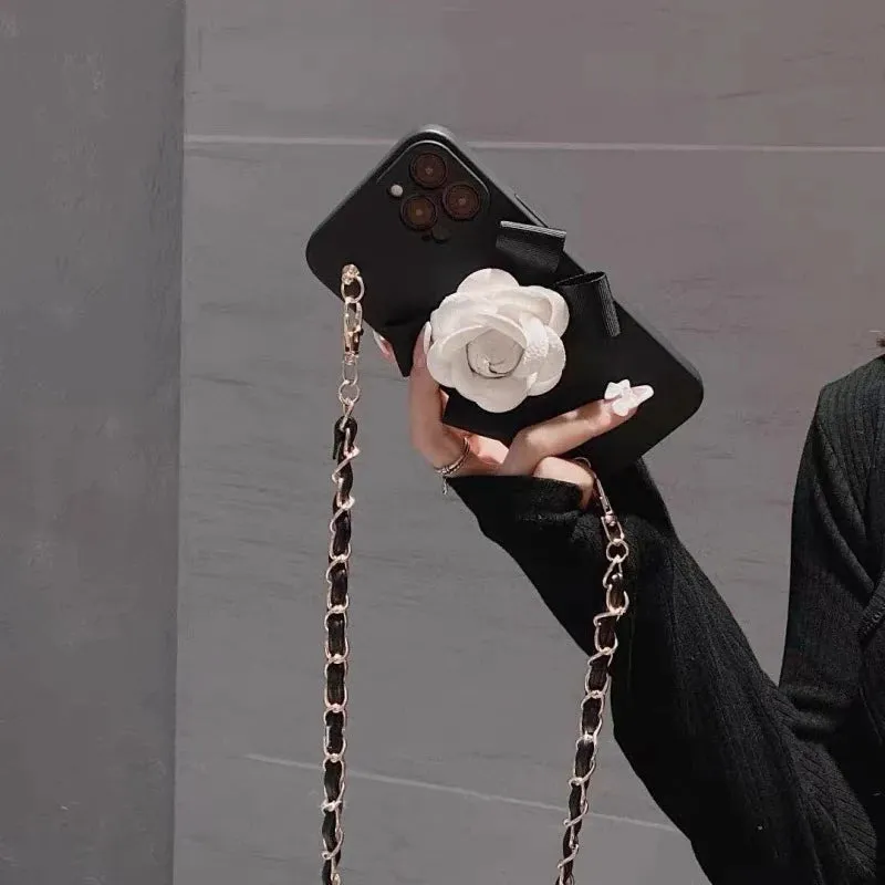 Elegant 3D Leather Camellia Crossbody Chain Strap Phone Case Cover For iPhone