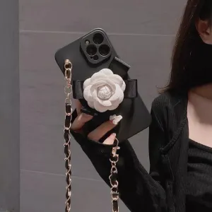 Elegant 3D Leather Camellia Crossbody Chain Strap Phone Case Cover For iPhone