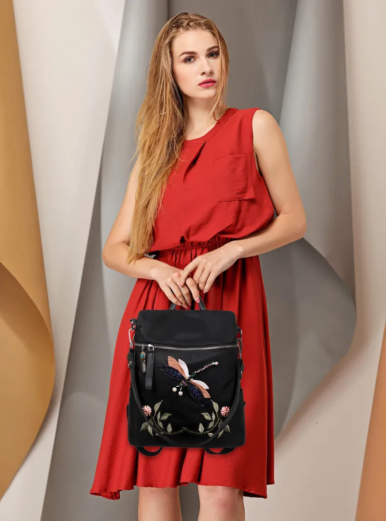 Elegant Flower Dragon Fly Backpack with 3D embroidery