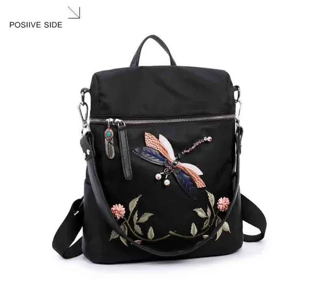 Elegant Flower Dragon Fly Backpack with 3D embroidery