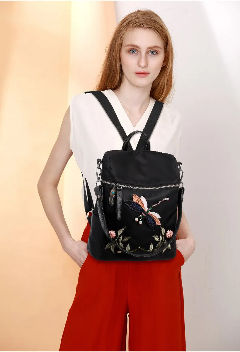 Elegant Flower Dragon Fly Backpack with 3D embroidery