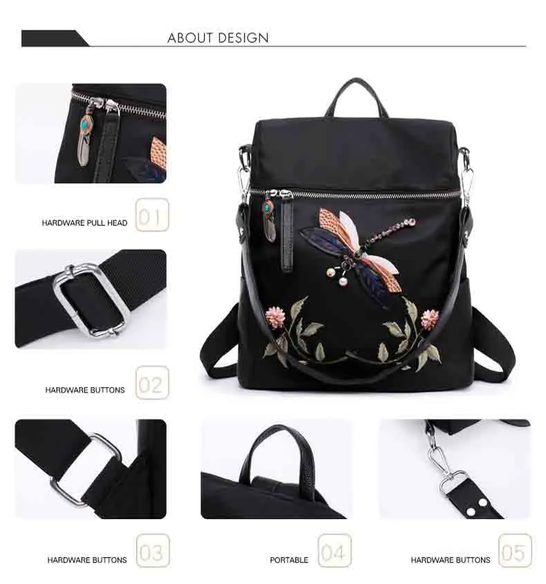 Elegant Flower Dragon Fly Backpack with 3D embroidery