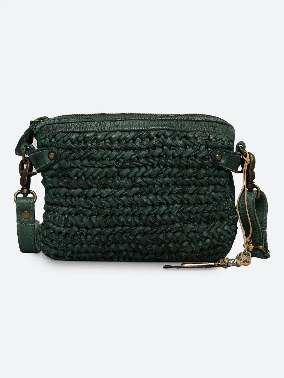 Genuine Green Leather Sling Bag With Weaving