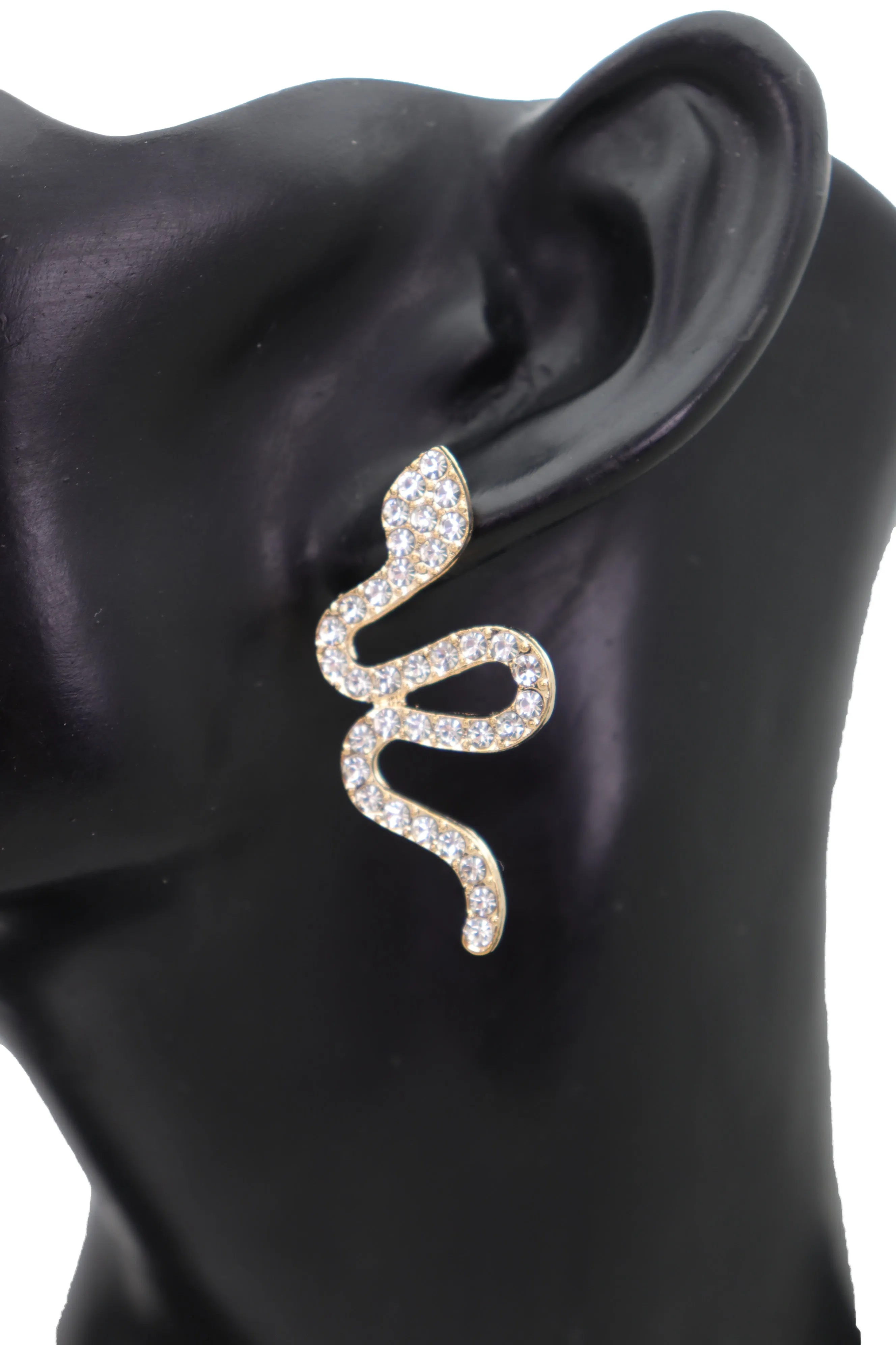 Gold Metal Rhinestone Cobra Snake Earrings