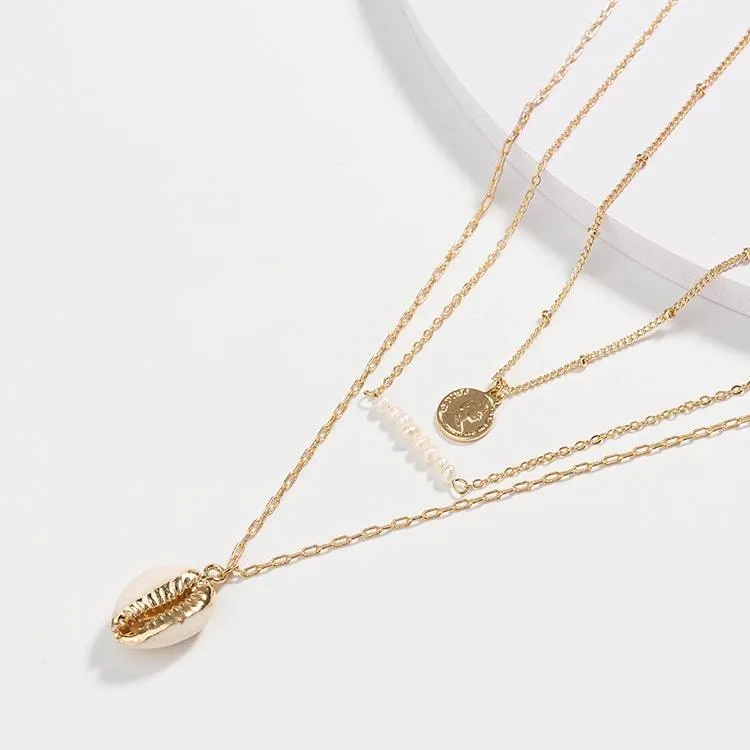 Haven Cowry Shell, Baroque Pearl & Vintage Coin Multi Layer Necklace