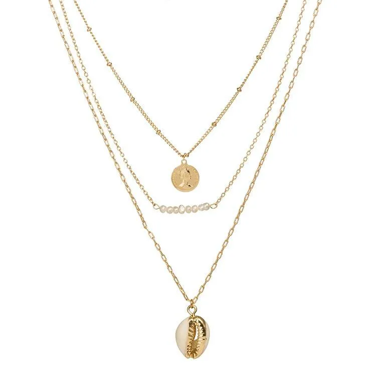Haven Cowry Shell, Baroque Pearl & Vintage Coin Multi Layer Necklace