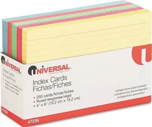 Index Cards' 4 X 6' Blue/Salmon/Green/Cherry/Canary' 250/Pack